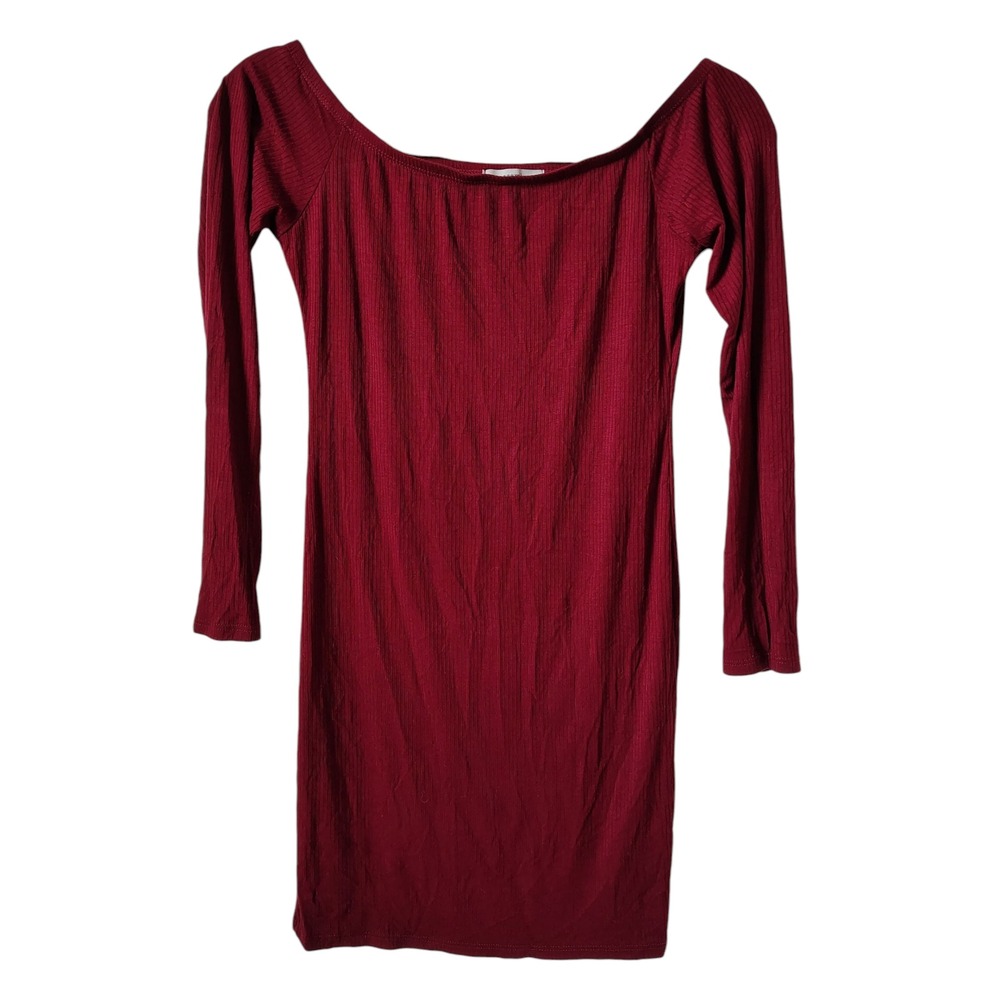 Acemi Women's Dress Medium Red Ribbed Knit Long Sleeve Bodycon Mini